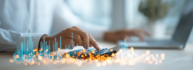 Close up of a business persons hands using a calculator with a futuristic stock market chart overlay.