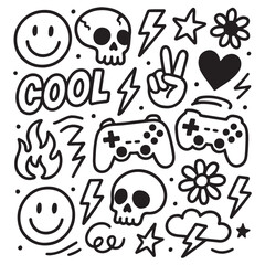 doodle vector set with cool icons like skulls, smiley faces, lightning bolts, game controller, peace sign vector