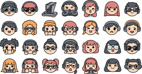 Collection of cartoon gamers with diverse expressions playing video games and wearing headphones