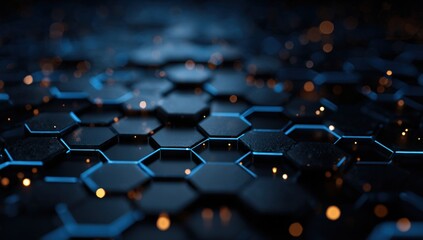 Abstract hexagons with glowing blue lines and golden particles