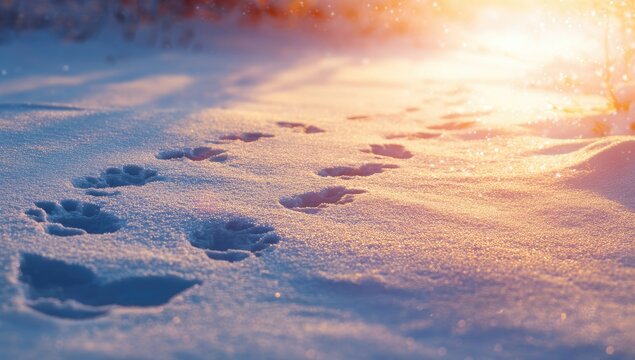 Animal tracks in fresh snow, golden sunlight - Powered by Adobe