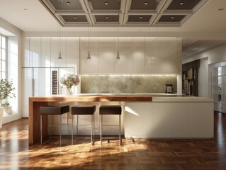 A kitchen with a wooden counter and four bar stools. The counter is made of wood and has a vase on it. There is a potted plant on the left side of the counter