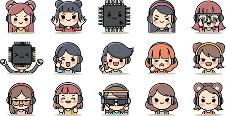 Fototapeta premium Cartoon characters wearing headphones and expressions collection
