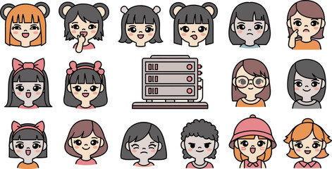 Cartoon girls surround server with diverse expressions and styles.