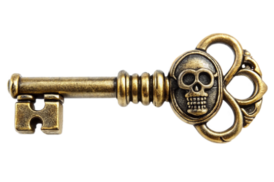 Antique brass skeleton key with skull motif isolated for decorative use transparent background