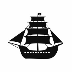 Pirate ship silhouette. This image shows a black silhouette of a pirate ship with multiple sails and masts, also known as a galleon or frigate. Vector clipart illustration design.