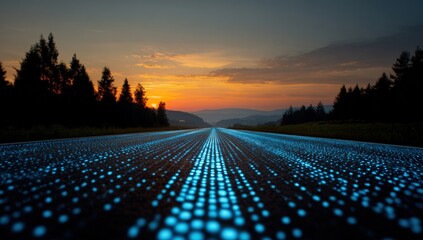 A paved road stretching into a vibrant sunset over a forested mountain range