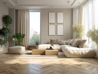 A living room with a couch, a coffee table, and a potted plant. The couch is white and the coffee table is brown