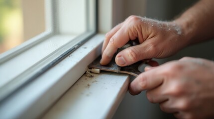 Detail shot of builder installing screen mesh using professional installation tools

