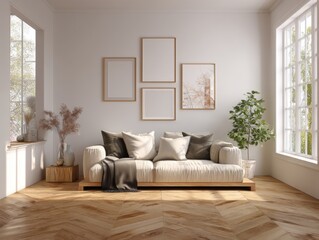 A living room with a white couch and a potted plant. The couch is covered with pillows and a blanket. There are three framed pictures on the wall