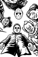 Classic horror movie villains collage with Michael Myers, Ghostface, and other iconic slasher characters
