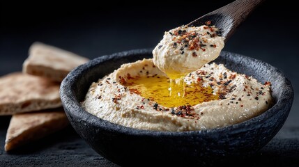 A close-up view of creamy hummus in a black bowl, drizzled with olive oil and sprinkled with spices, accompanied by crispy pita bread on a dark background.