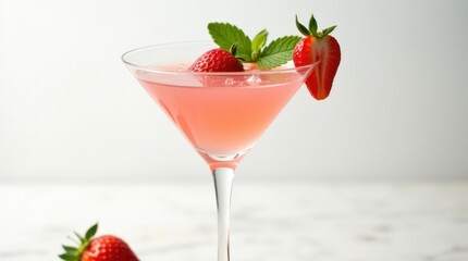 Strawberry daiquiri served in classic martini glass with fresh garnish
