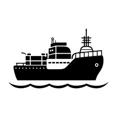 Obraz premium Vector art of black cargo ship sailing on the sea with waves, transporting goods across the ocean