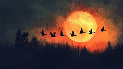 Digital painting of flying geese silhouetted against glowing full moon, deep twilight sky, dramatic lighting, realistic textures