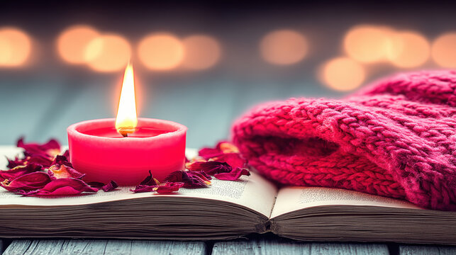 Open book with dried rose petals and lit red candle beside cozy knitted scarf, creating warm and emotional still life with soft glowing lights in background