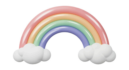 Cute 3D pastel rainbow with fluffy white clouds, a whimsical and cheerful illustration isolated on a white background