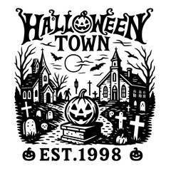 Haunted library with gothic architecture, pumpkins, ghosts, bats, and spooky trees in black and white
