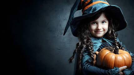 A cute little girl in a black witch costume holding a carved pumpkin and smiling happily, symbolizing joy and festivity for Halloween party posters, seasonal stock photography, or children’s holiday a