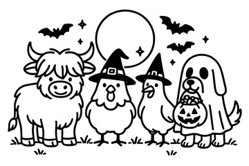 Cute animal witches with pumpkins and bats in a whimsical black and white Halloween scene
