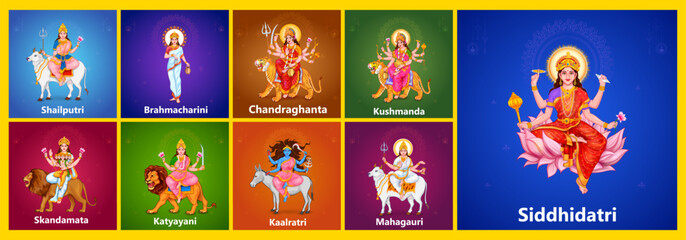 Naklejka na ściany i meble Goddess Navadurga nine Devi for the celebration of Chaitra Navratri festival
