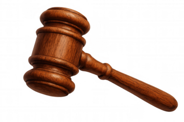 Wooden gavel striking sound block, symbolizing legal proceedings against transparent backdrop, representing judicial authority