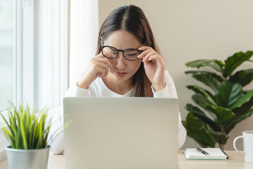 Eye problem concept, fatigue asian young woman tired eyes, irritated rubbing eye dry relief vision...