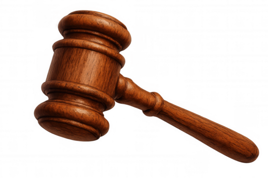 Wooden gavel striking sound block, symbolizing legal proceedings against transparent backdrop, representing judicial authority