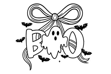 Halloween ghost with bow ribbon and text “BOO” in cute spooky black and white illustration
