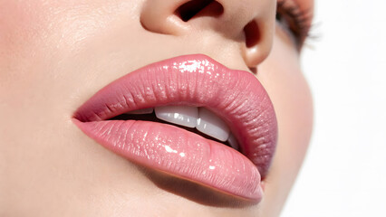 Close-up of a woman's lips with pink lip gloss.