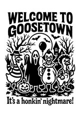 Goosetown spooky Halloween illustration with ghosts, skeletons, and pumpkins in a forest setting

