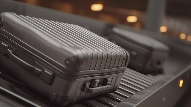 Luggage on Conveyor Belt: Close-up shot of sleek, contemporary luggage gliding smoothly along an airport baggage carousel, perfectly captured, illustrating themes of travel and journeys.
