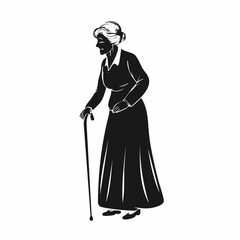 Old woman silhouette. An elderly figure standing with a hunched posture, symbolizing wisdom and dignity. Vector clipart black illustration design.