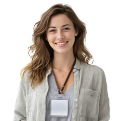 Woman with ID badge smiling isoleted on transparent background .