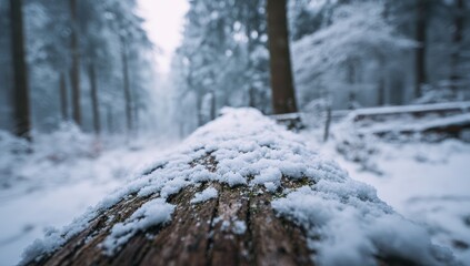Fototapeta premium Snowy forest log. A log covered in fresh snow in a wintry forest