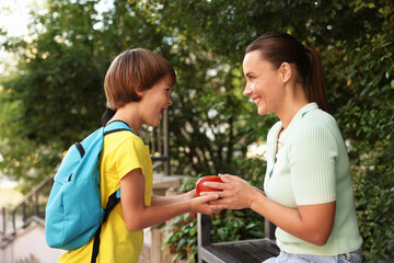 Mother giving apple to her son while taking him to school outdoors