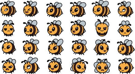 Collection of cartoon bees with various emotions and expressions. Vector illustration