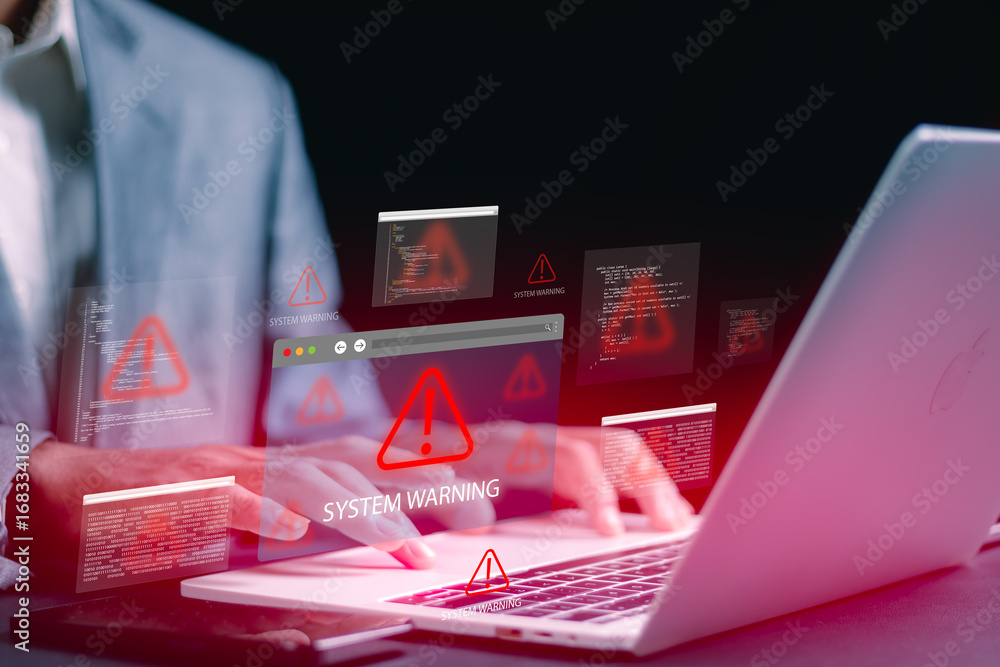 Poster cybersecurity warning concept with hand pressing virtual alert icon on screen, system hacked alert a