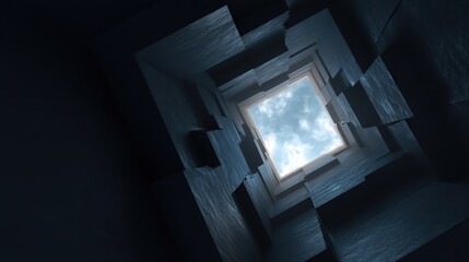 Obraz premium Minimalist 3D geometric tunnel with infinite spiraling vortex leading to bright sky opening, abstract modern background for technology, architecture, and cinematic design concepts