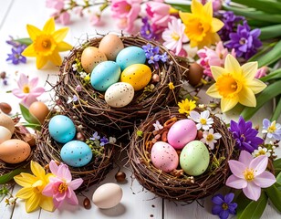 Colorful Easter eggs nestled in decorative bird's nests, surrounded by a profusion of spring flowers, creating a vibrant and cheerful spring scene.