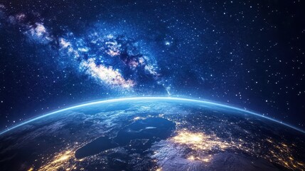 Earth at night from space with glowing city lights and Milky Way in ultra-sharp satellite view