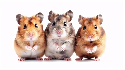 A closeup of three hamsters on a white background. The hamsters are positioned in a row, with the front facing the viewer. The leftmost hamster is facing forward.