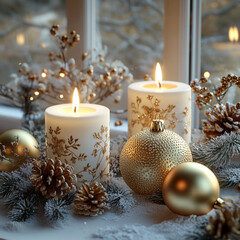 Professional Photo of White Candles and Golden Christmas Balls on Windowsill