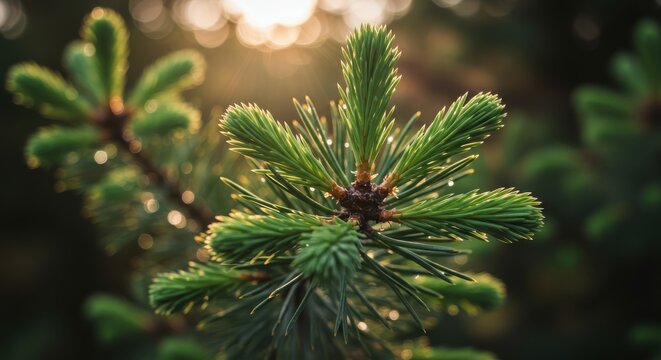 Close-up view of vibrant green pine needles, showcasing delicate details and glistening morning dew drops.