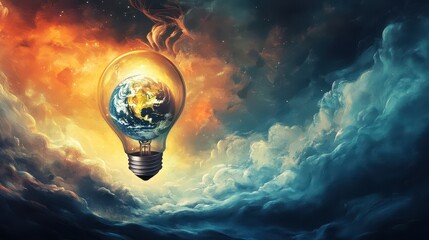 Surreal digital painting of floating light bulb with Earth inside, swirling winds and clouds, balance between nature and innovation