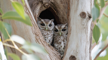 AI generator images of Owl Spotted Owlet in the hollow of the tree , Spotted owlet (Athene brama) in tree hollow,