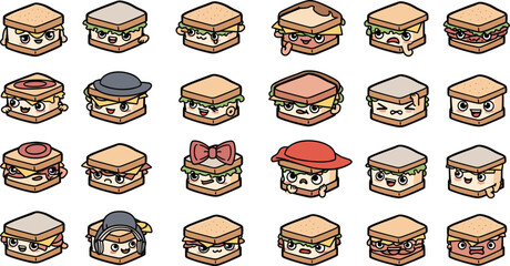 Cartoon sandwich characters with different expressions and accessories illustration