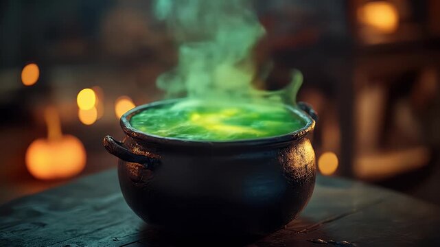 Eerie cauldron steaming with glowing green potion mysterious fantasy brew on wooden table