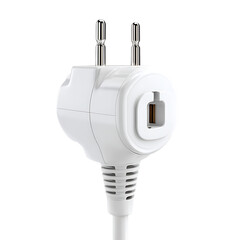 Close up of a white European travel adapter plug.