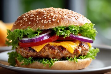 Close up of juicy cheeseburger on plate
